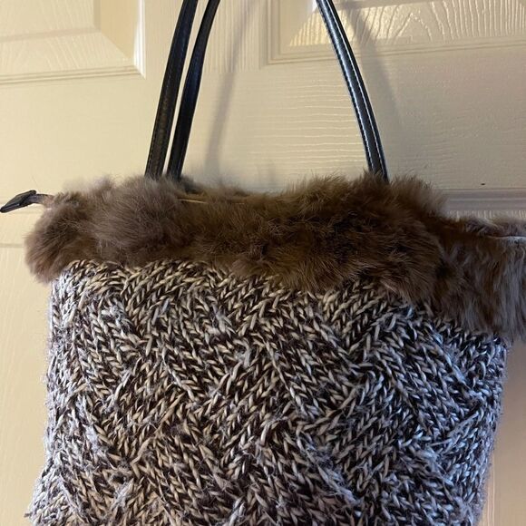 Murval Paris brown & Beige knit with faux fur small tote bag double hand… - Picture 2 of 11